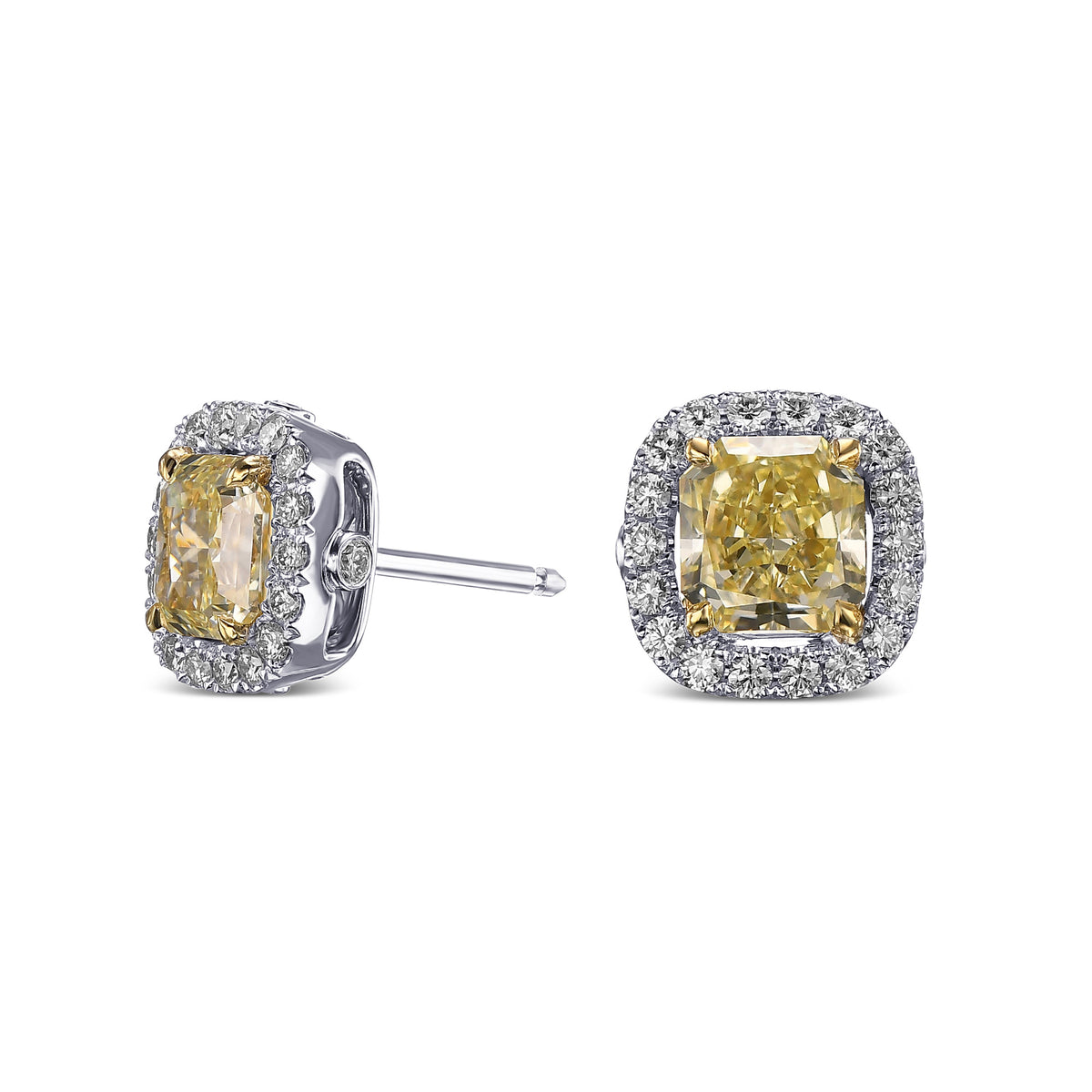   Light Yellow Radiant Halo Diamond Earrings