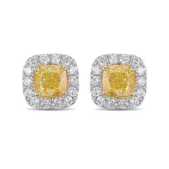 Fancy Yellow Cushion Halo Diamond Earrings