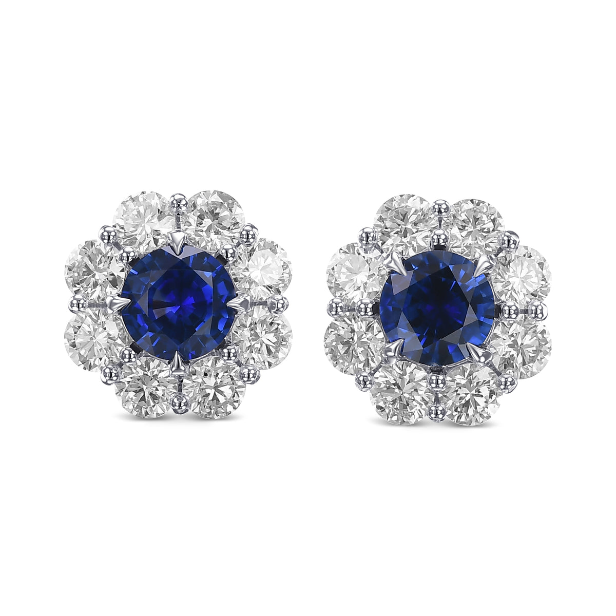 Blue Sapphire and Diamond Floral Halo Earrings