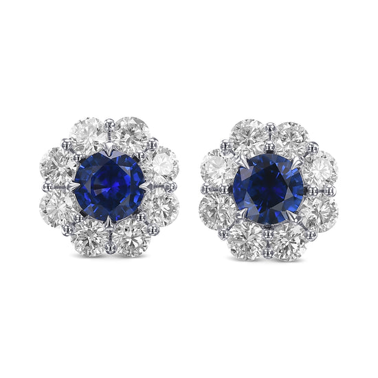Blue Sapphire and Diamond Floral Halo Earrings
