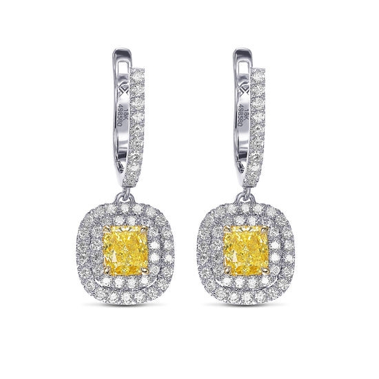 Fancy Intense Yellow Diamond Halo Drop Earrings