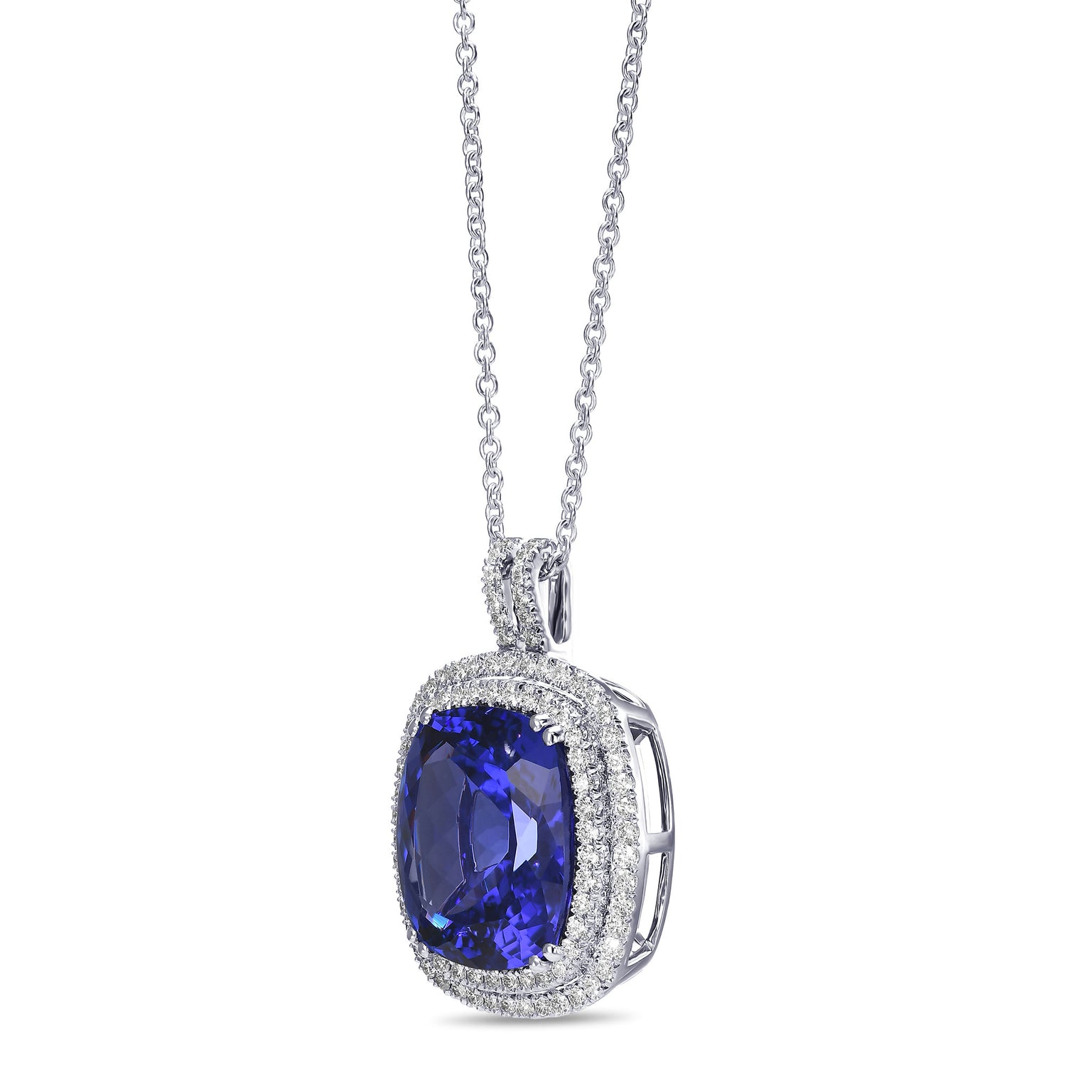 Cushion Tanzanite and Diamond Double Halo Pendant
