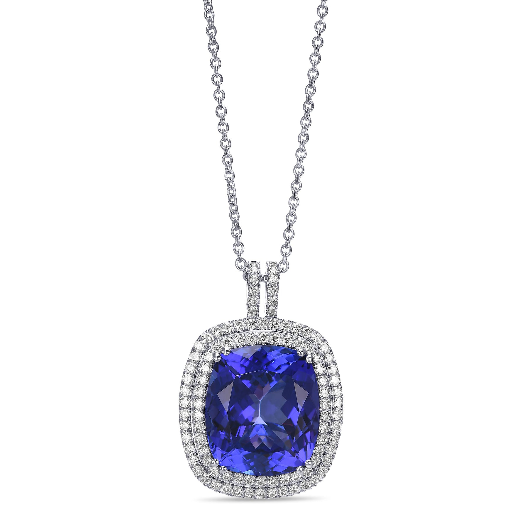 Cushion Tanzanite and Diamond Double Halo Pendant