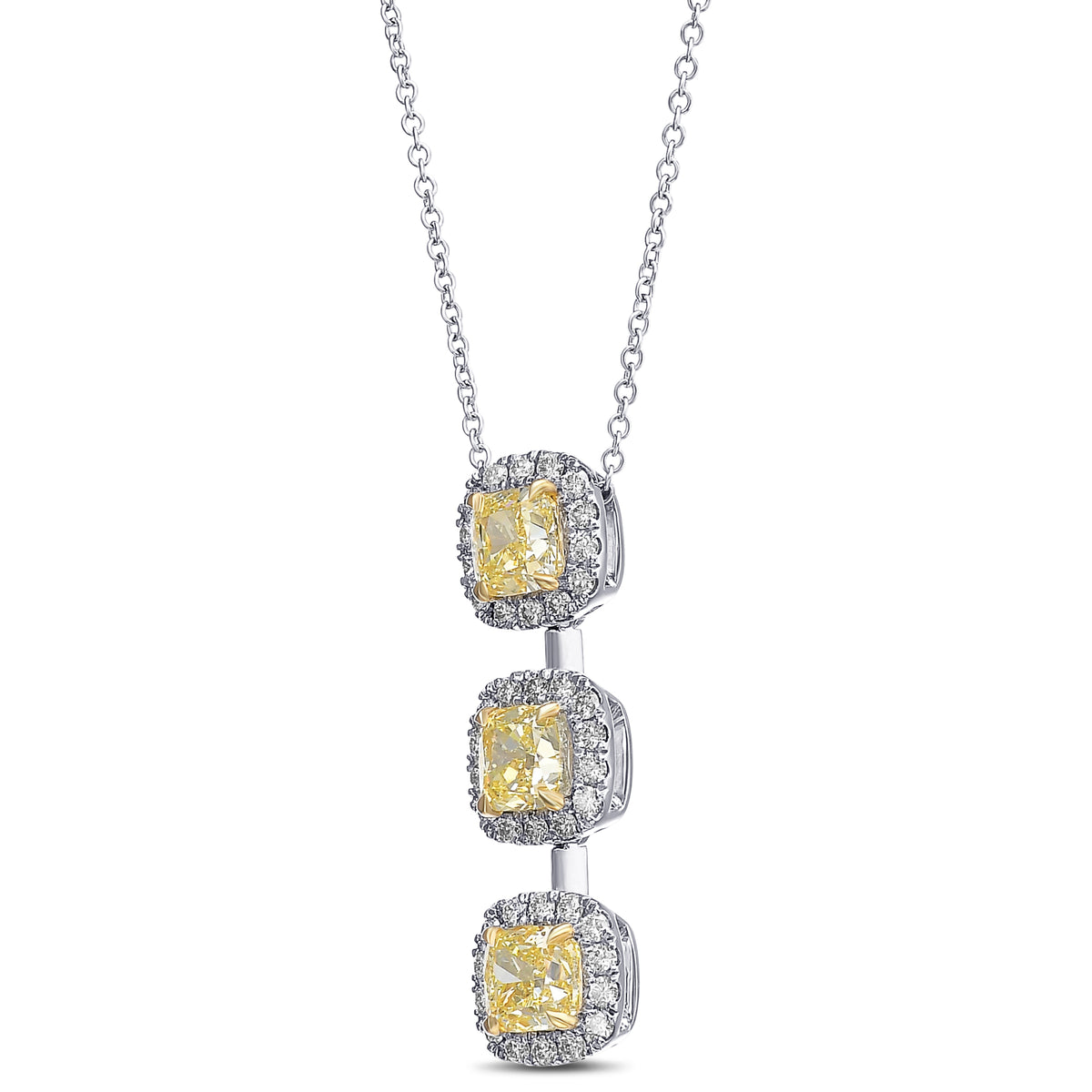 3 Stone Fancy Yellow Cushion Drop Halo Diamond Pendant