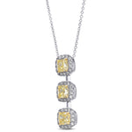 3 Stone Fancy Yellow Cushion Drop Halo Diamond Pendant