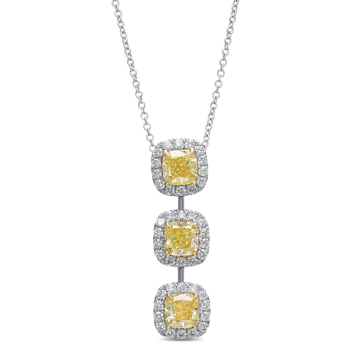 3 Stone Fancy Yellow Cushion Drop Halo Diamond Pendant