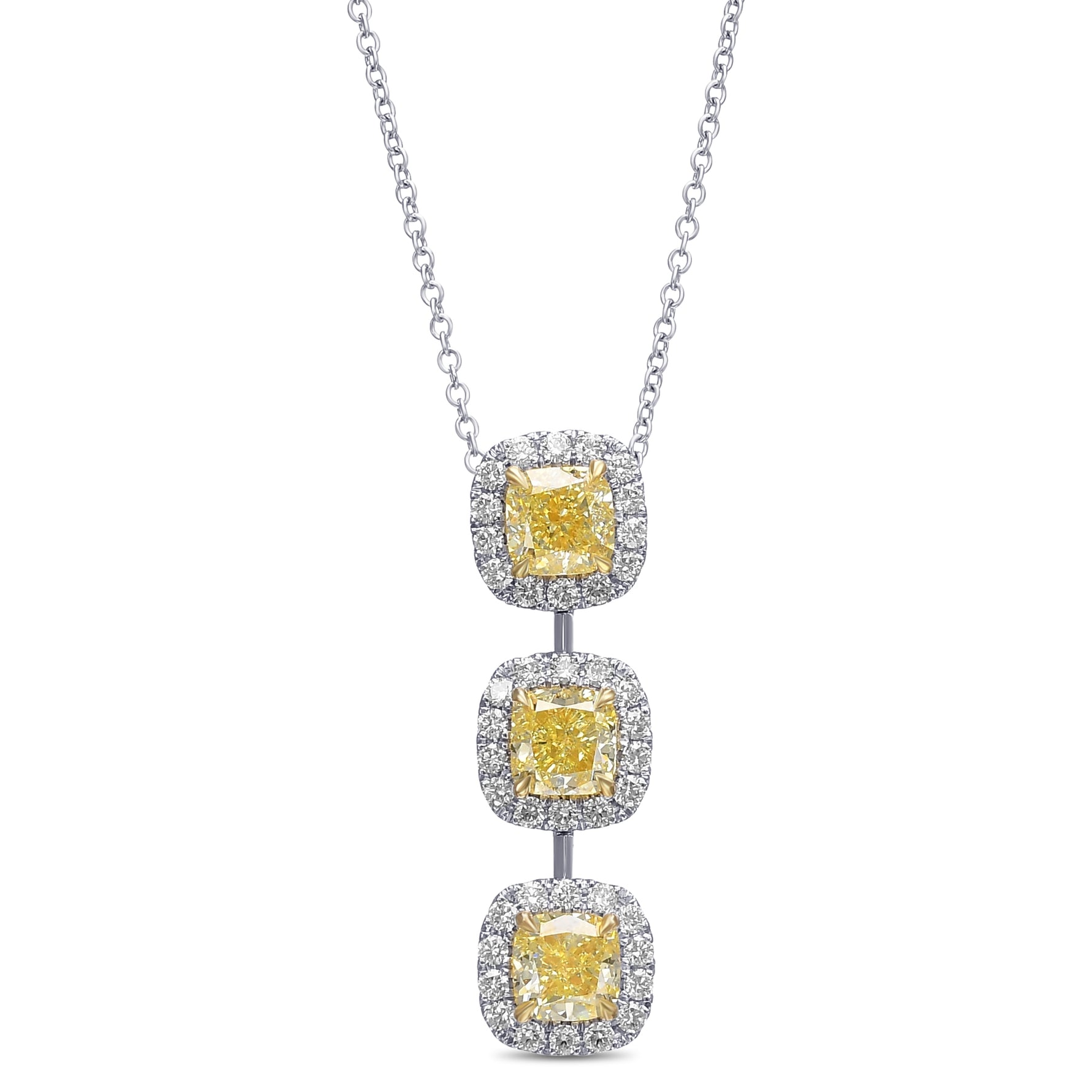 3 Stone Fancy Yellow Cushion Drop Halo Diamond Pendant