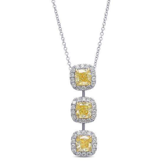 3 Stone Fancy Yellow Cushion Drop Halo Diamond Pendant