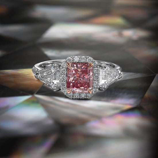 Fancy Intense Pink Radiant 3 stone Halo Diamond Ring