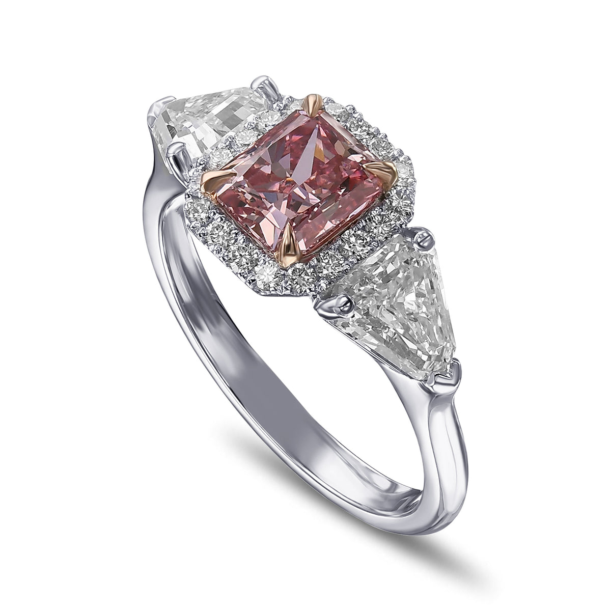 Fancy Intense Pink Radiant 3 stone Halo Diamond Ring