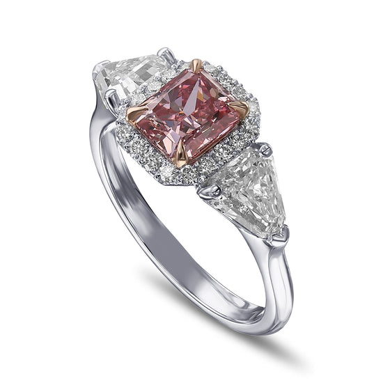 Fancy Intense Pink Radiant 3 stone Halo Diamond Ring