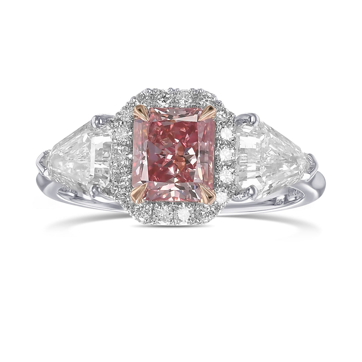 Fancy Intense Pink Radiant 3 stone Halo Diamond Ring