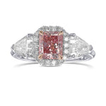 Fancy Intense Pink Radiant 3 stone Halo Diamond Ring