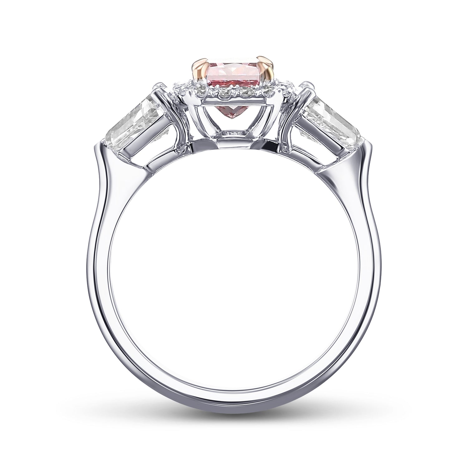Fancy Intense Pink Radiant 3 stone Halo Diamond Ring