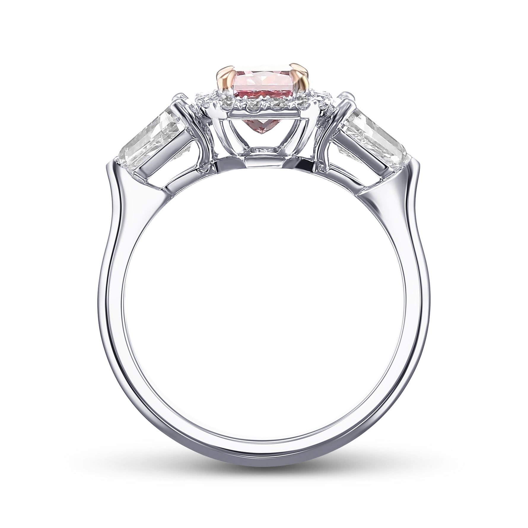 Fancy Intense Pink Radiant 3 stone Halo Diamond Ring