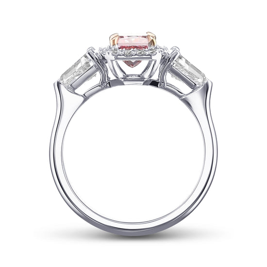 Fancy Intense Pink Radiant 3 stone Halo Diamond Ring
