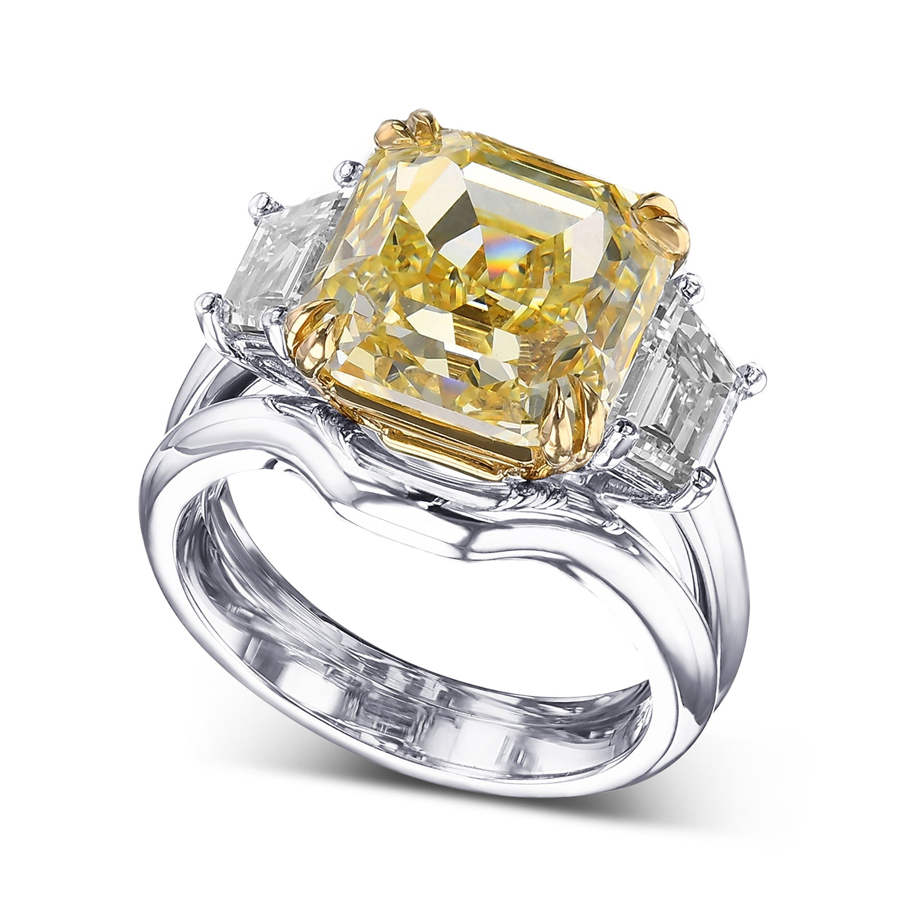 Fancy Yellow Asscher-cut Diamond Engagement and Wedding Ring Set