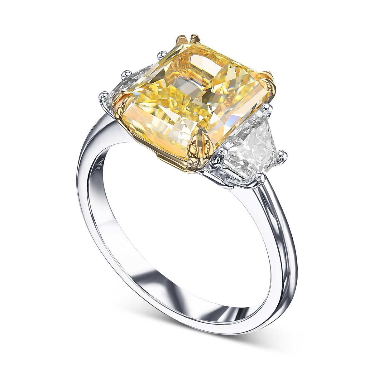 Fancy Intense Yellow Radiant & Trapezoid 3-Stone Diamond Ring