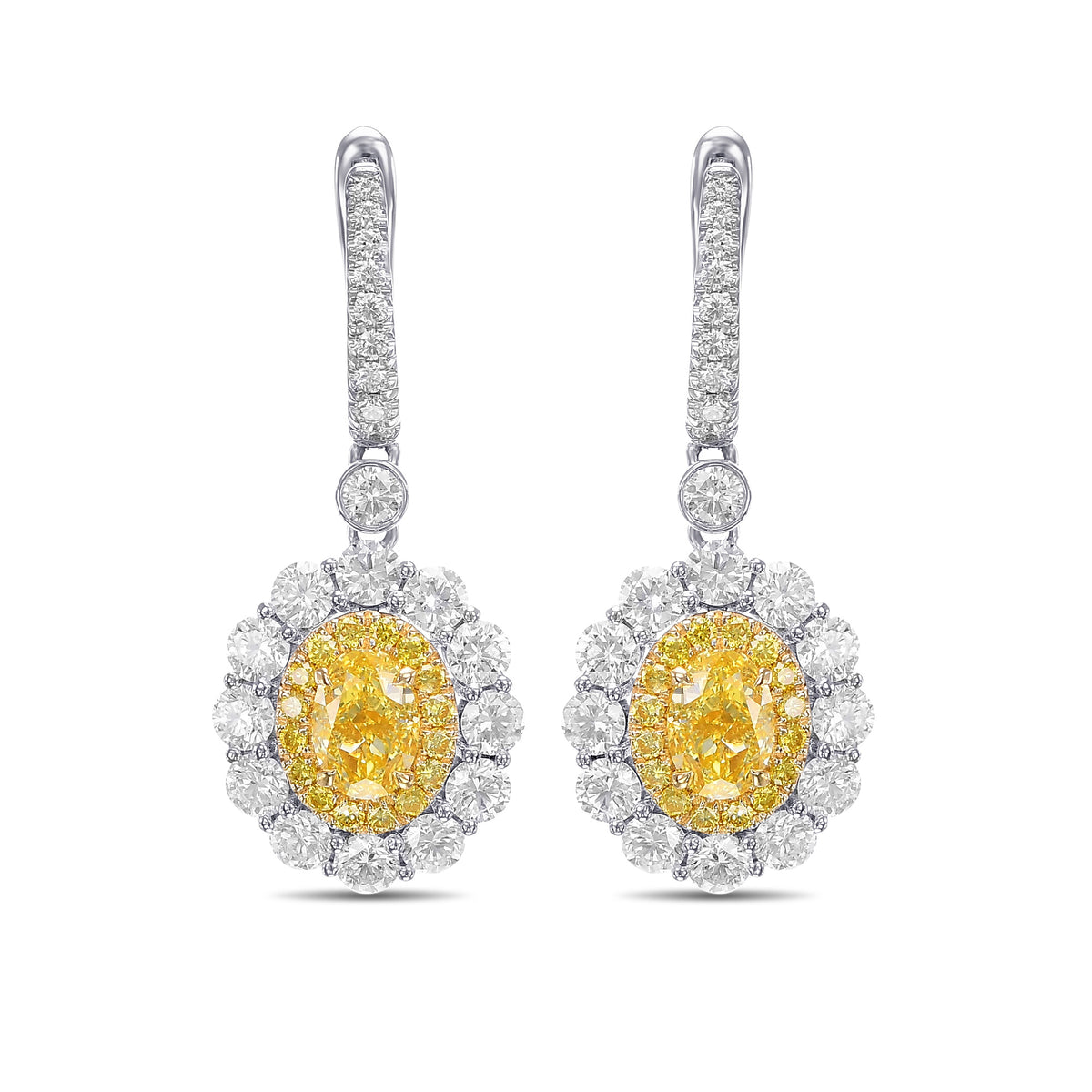 Fancy Intense Yellow Oval Diamond Drop Halo Earrings