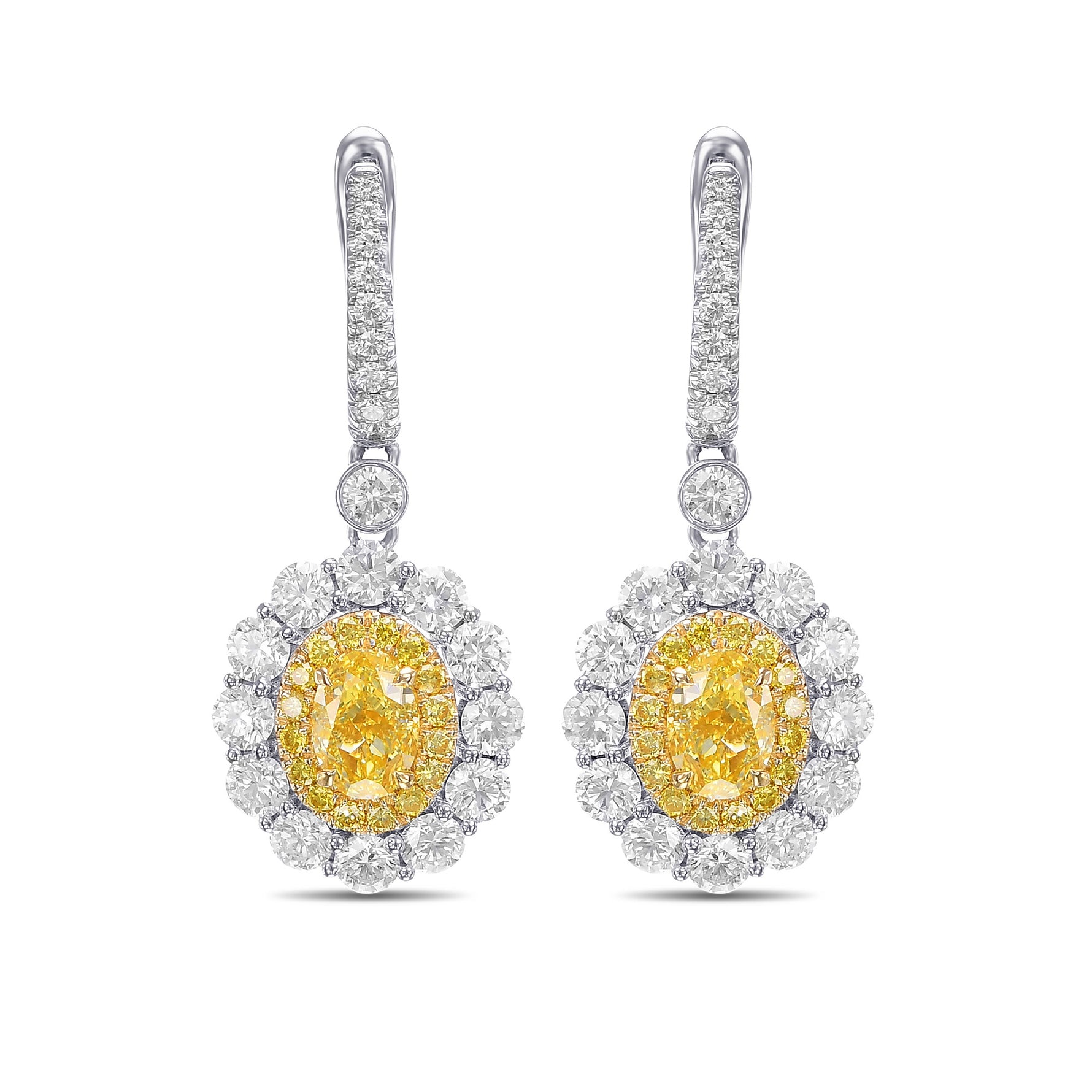 Fancy Intense Yellow Oval Diamond Drop Halo Earrings
