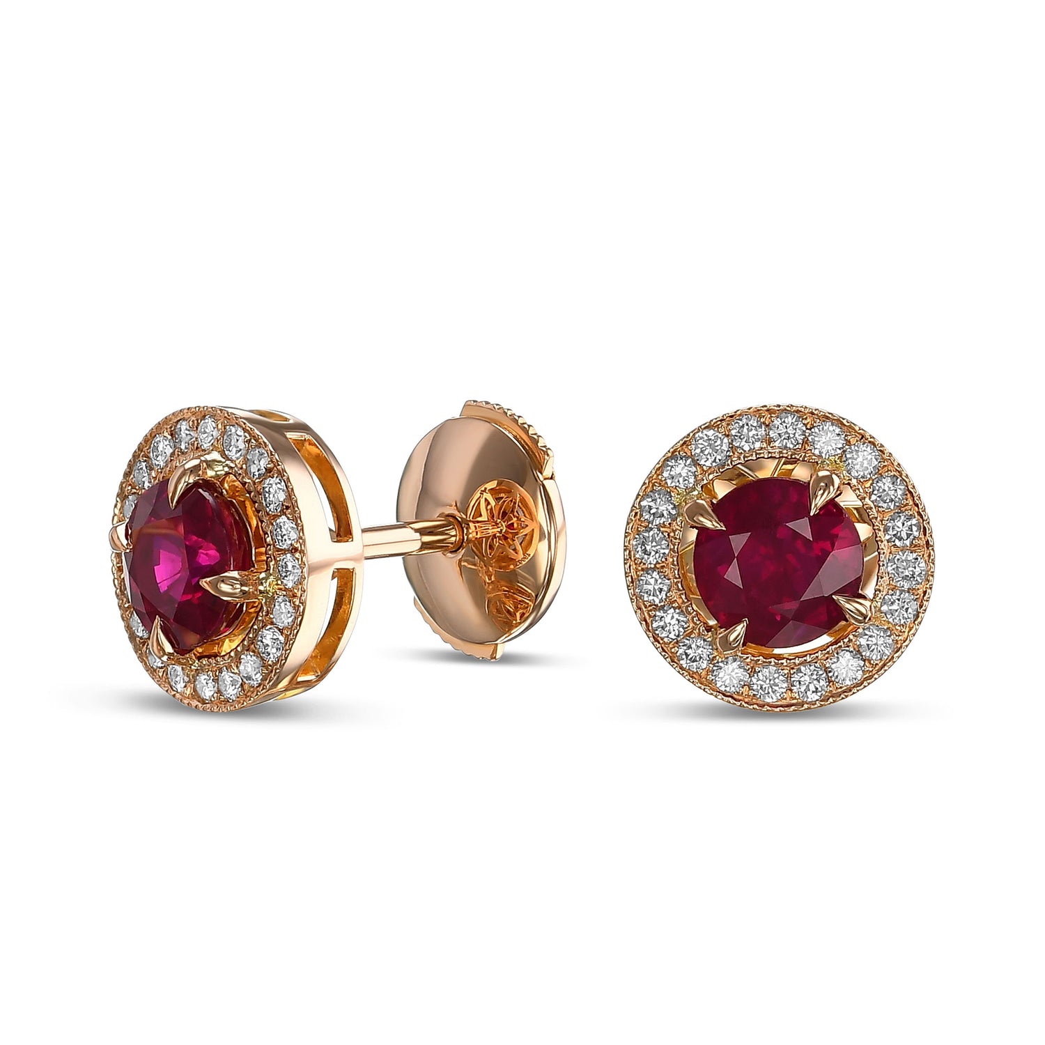Red Ruby and Diamond Round Brilliant Halo Earrings