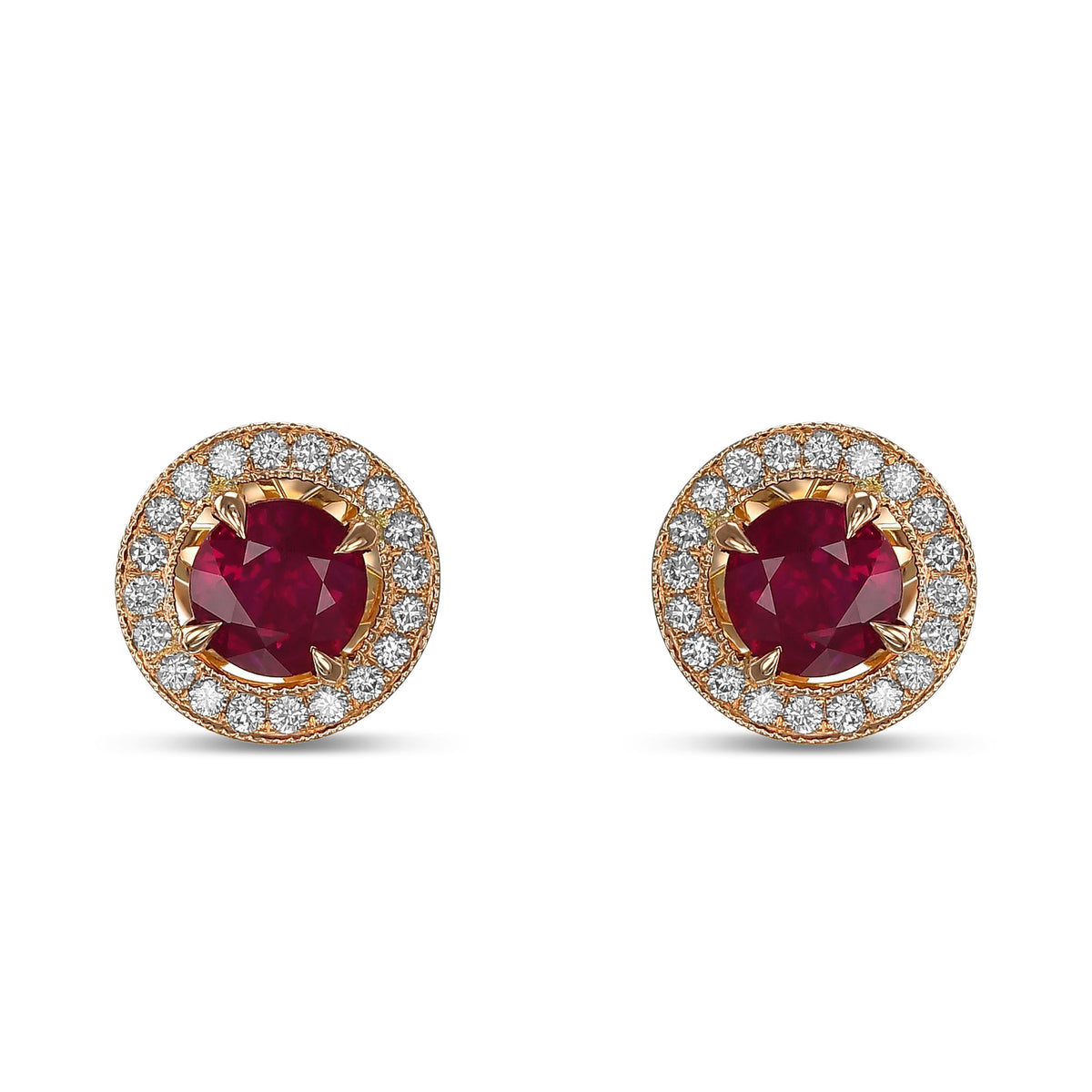 Red Ruby and Diamond Round Brilliant Halo Earrings