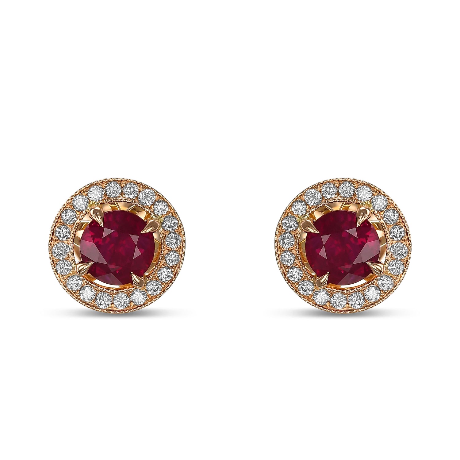 Red Ruby and Diamond Round Brilliant Halo Earrings