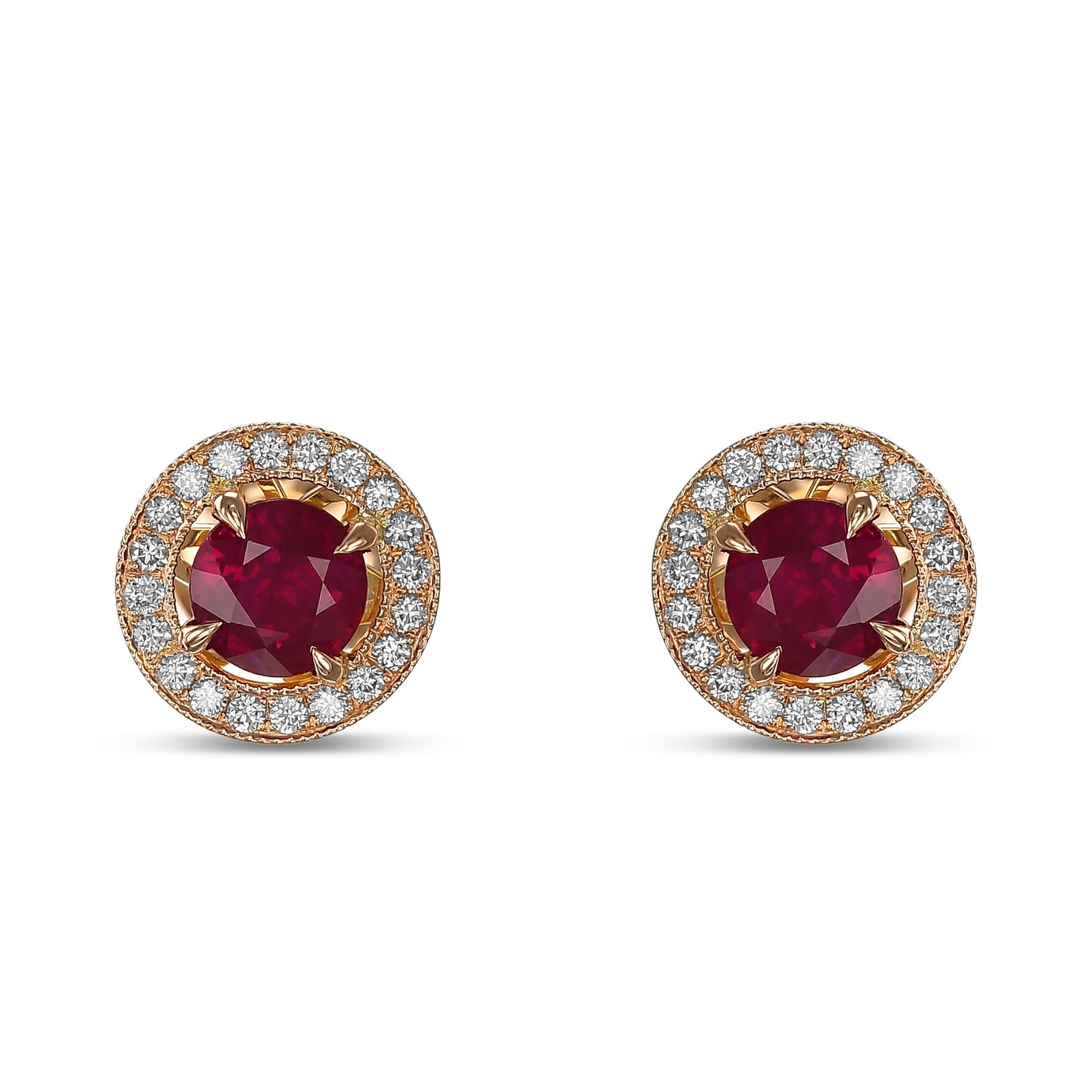 Red Ruby and Diamond Round Brilliant Halo Earrings