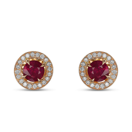 Red Ruby and Diamond Round Brilliant Halo Earrings