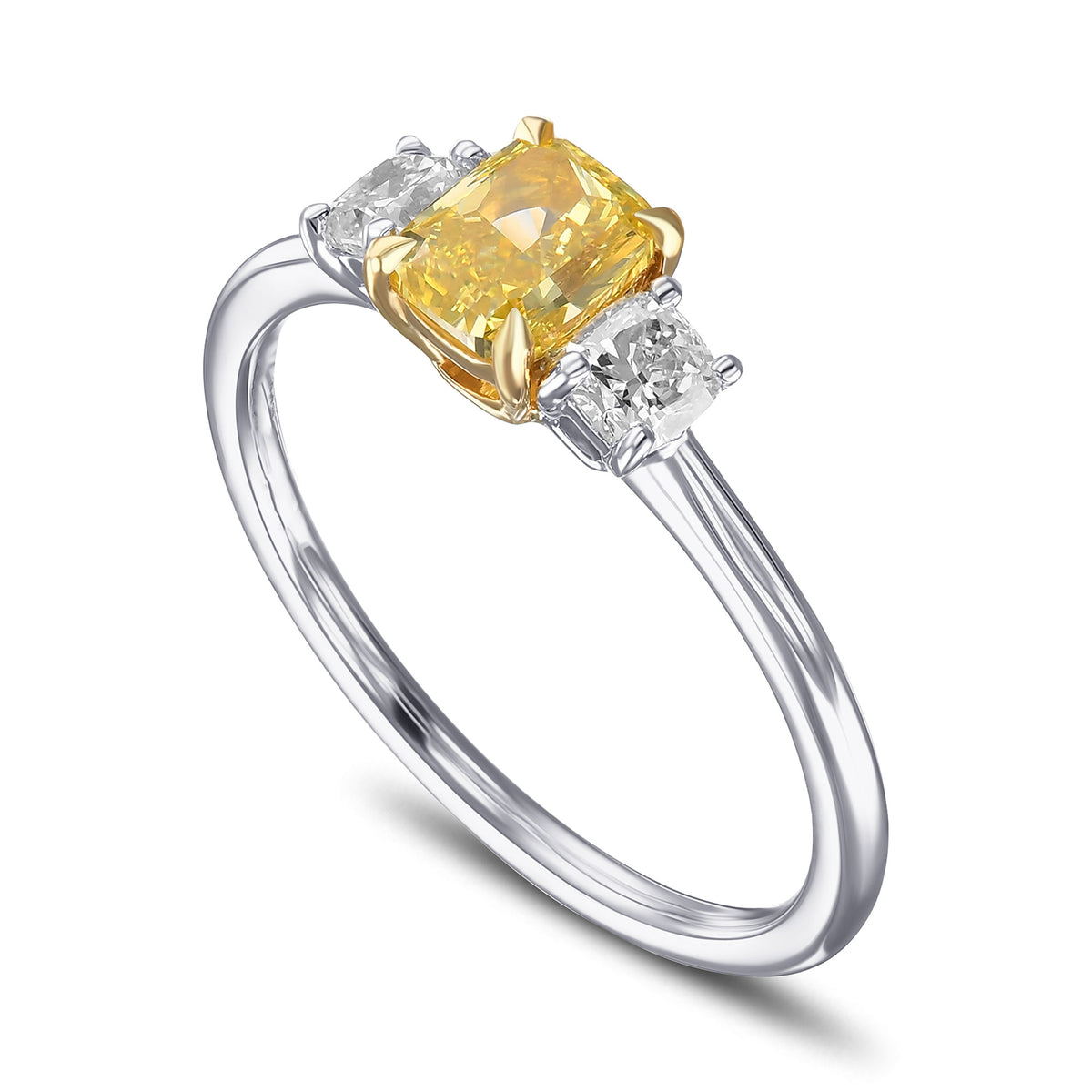 Fancy Intense Yellow Cushion Diamond 3 Stone Ring