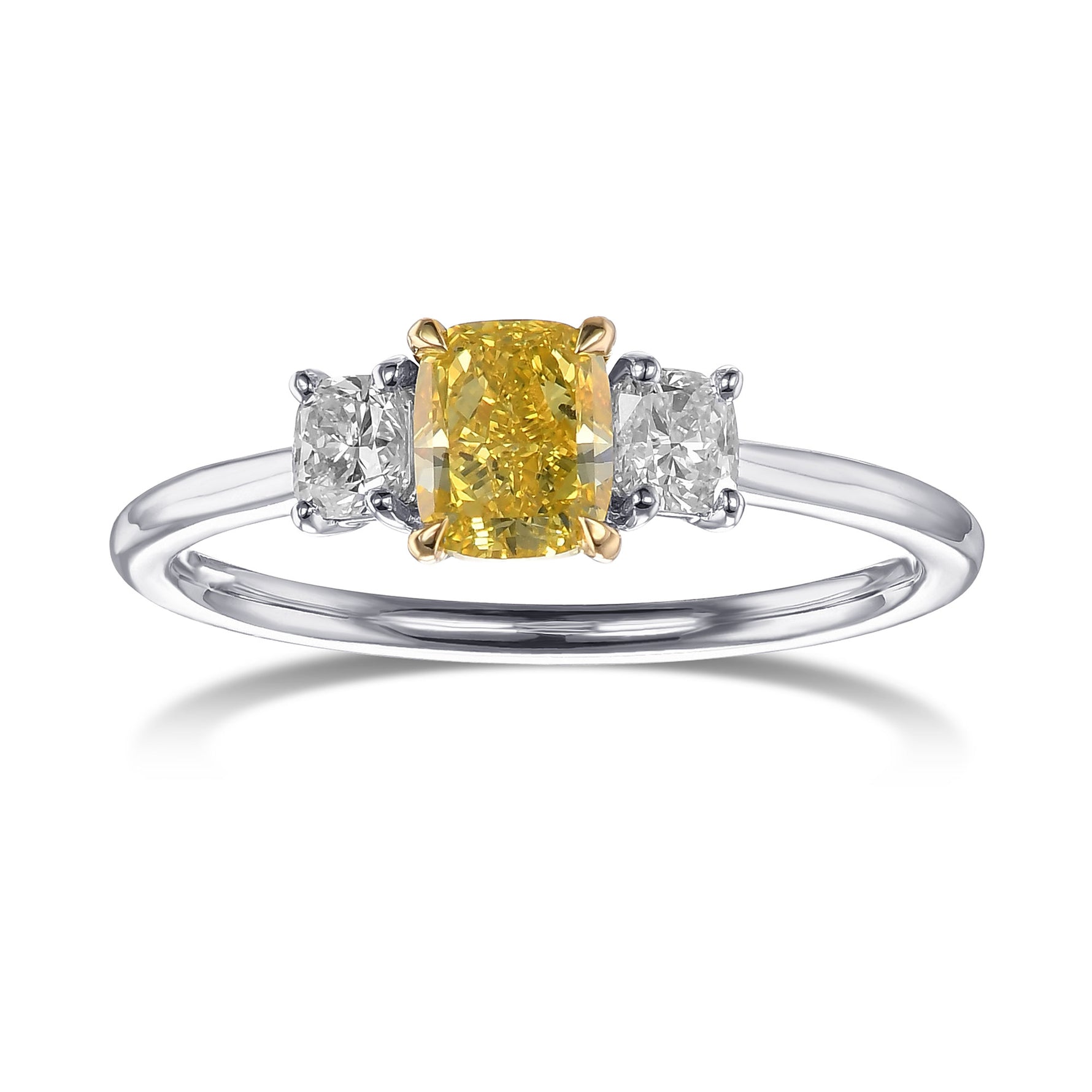 Fancy Intense Yellow Cushion Diamond 3 Stone Ring
