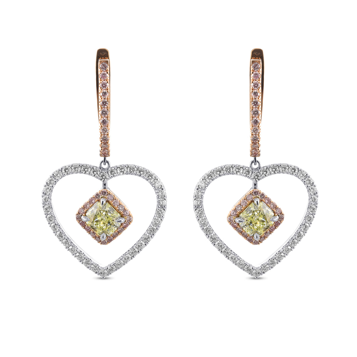 Fancy Light Yellow Green Radiant Double Halo Diamond Earrings