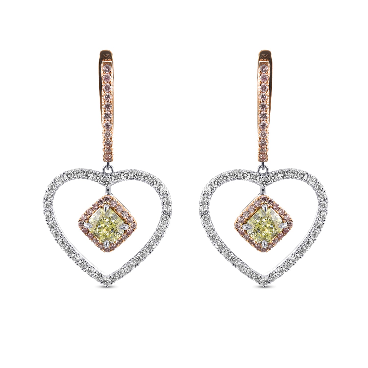 Fancy Light Yellow Green Radiant Double Halo Diamond Earrings
