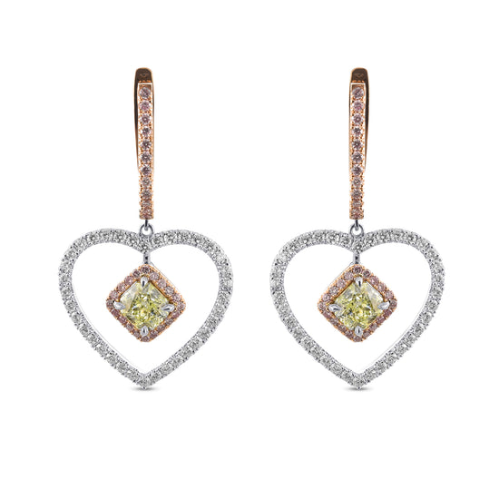 Fancy Light Yellow Green Radiant Double Halo Diamond Earrings