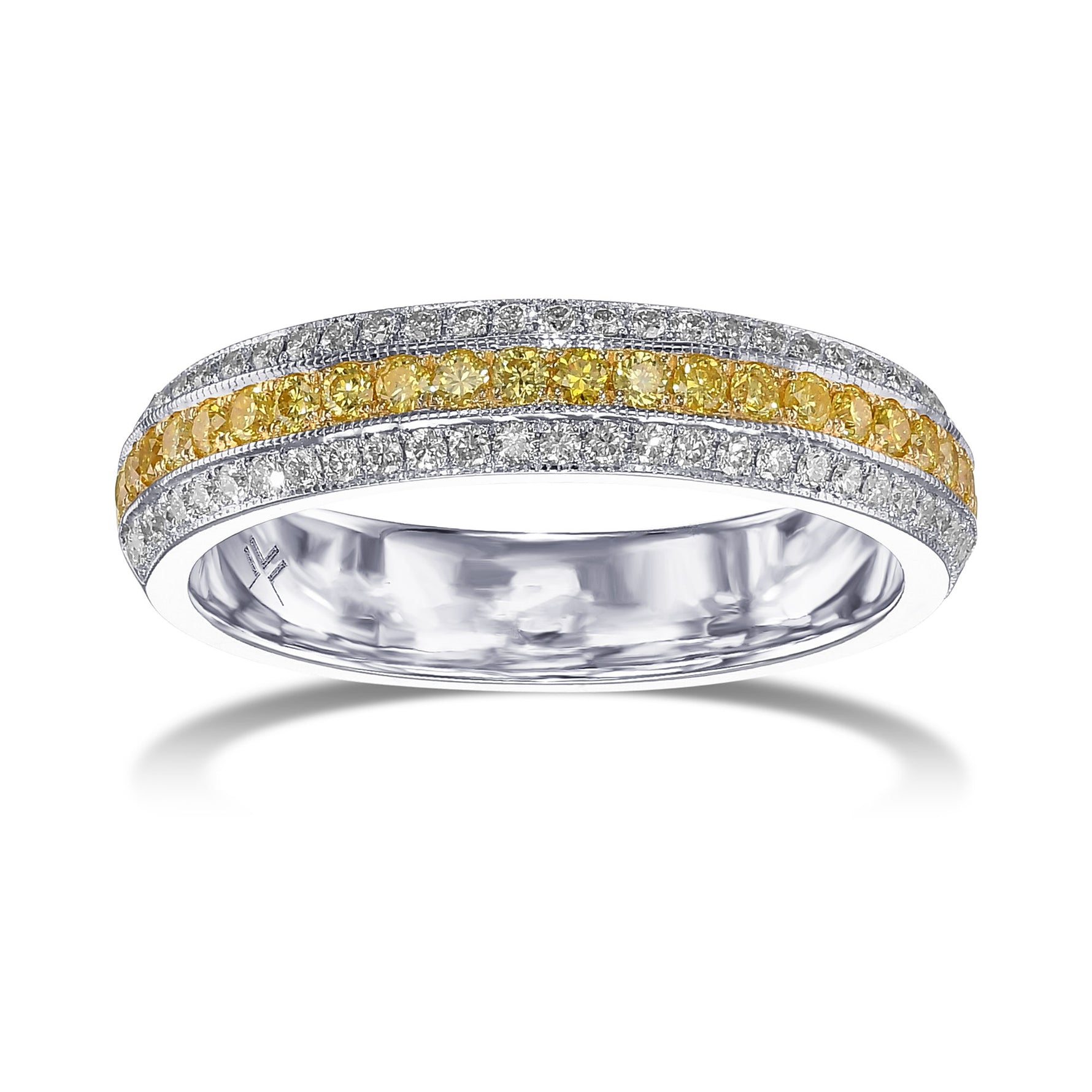  Fancy Intense Yellow and White Pave Diamond Milgrain Band Ring