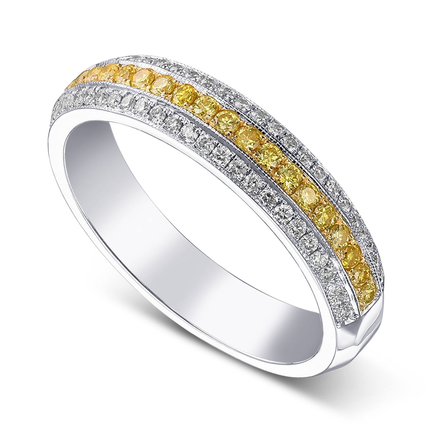  Fancy Intense Yellow and White Pave Diamond Milgrain Band Ring