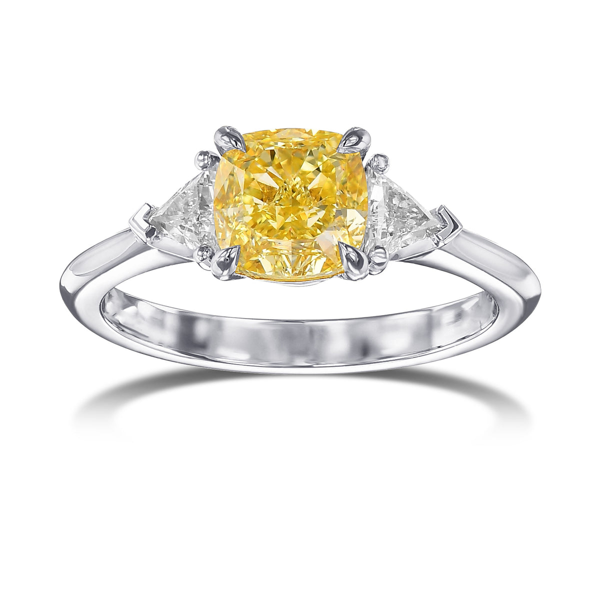 Fancy Intense Yellow Cushion Diamond 3 Stone Ring