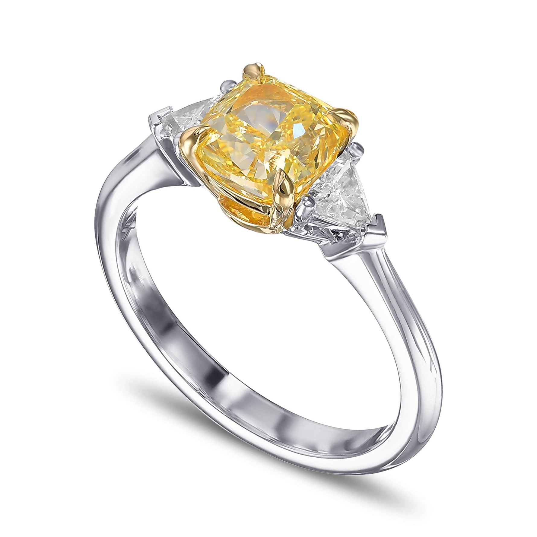 Fancy Intense Yellow Cushion Diamond 3 Stone Ring