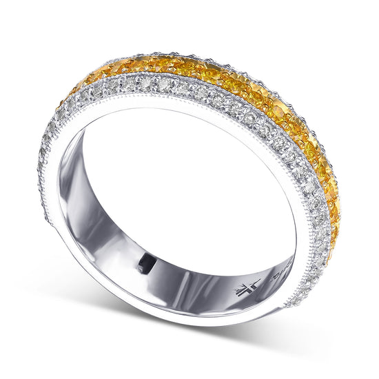 Fancy Intense Yellow and White Pave Diamond Milgrain Band Ring