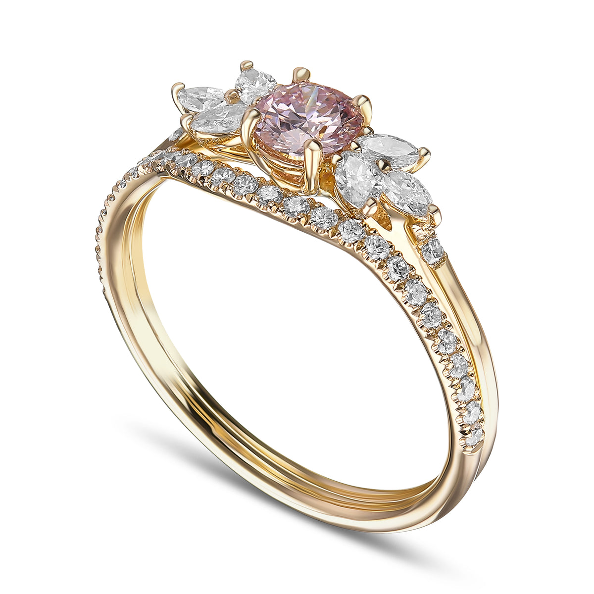 Fancy Light Pink Round Diamond Engagement & Wedding Set Rings