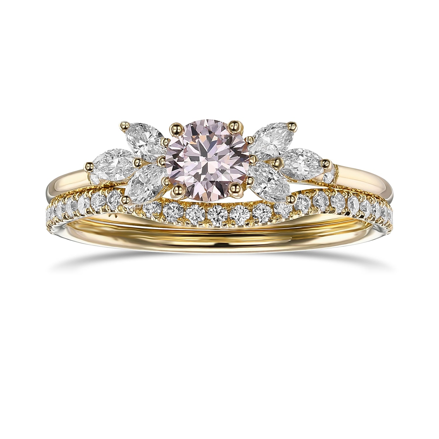 Fancy Light Pink Round Diamond Engagement & Wedding Set Rings
