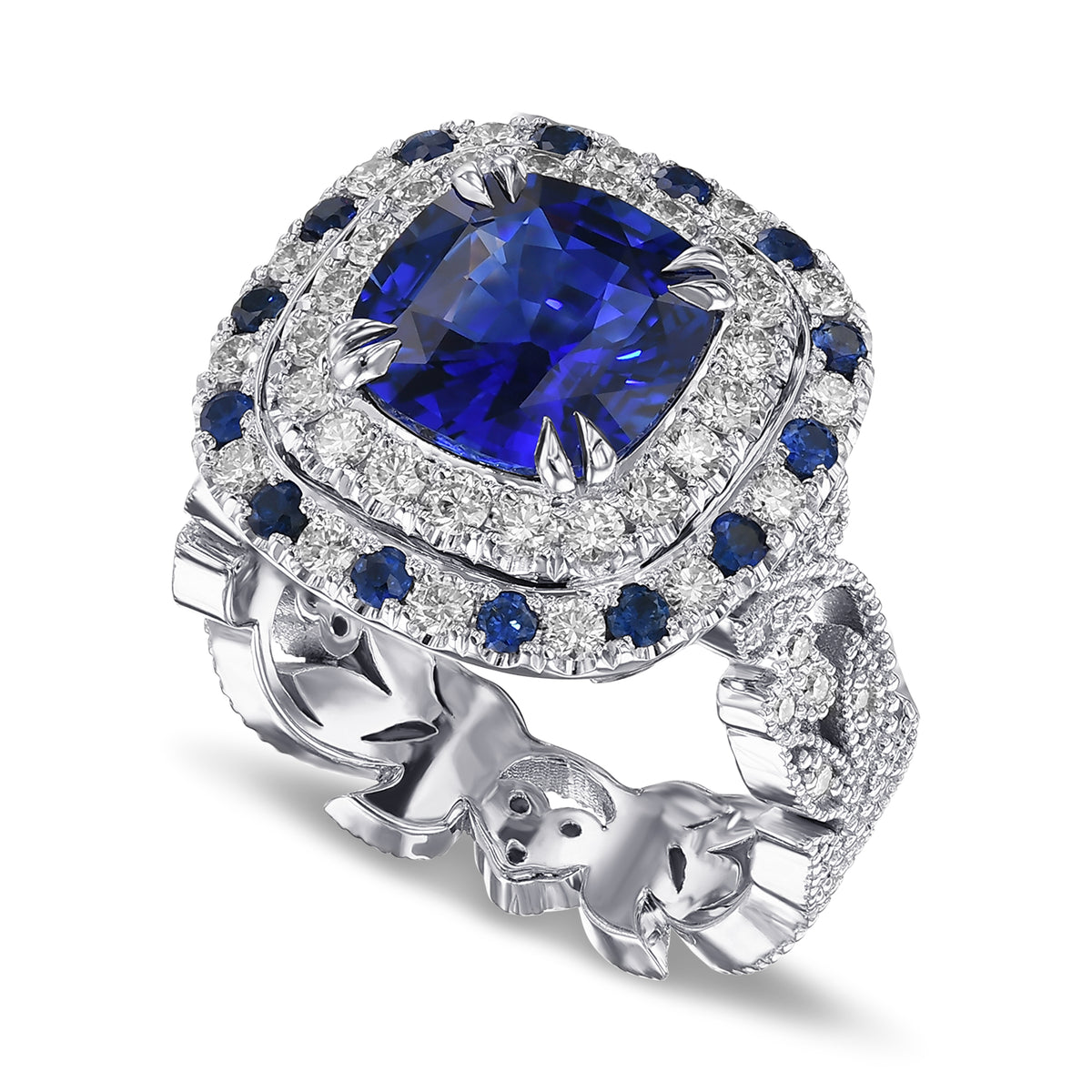 Royal Blue Sapphire and Diamond Double Halo Ring