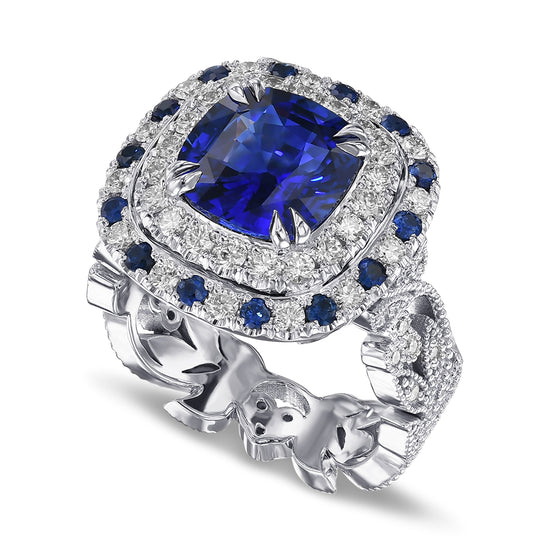 Royal Blue Sapphire and Diamond Double Halo Ring