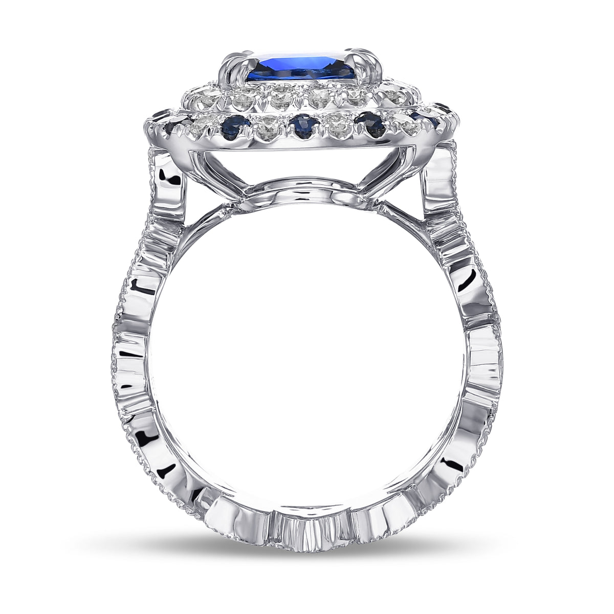 Royal Blue Sapphire and Diamond Double Halo Ring