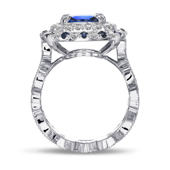 Royal Blue Sapphire and Diamond Double Halo Ring