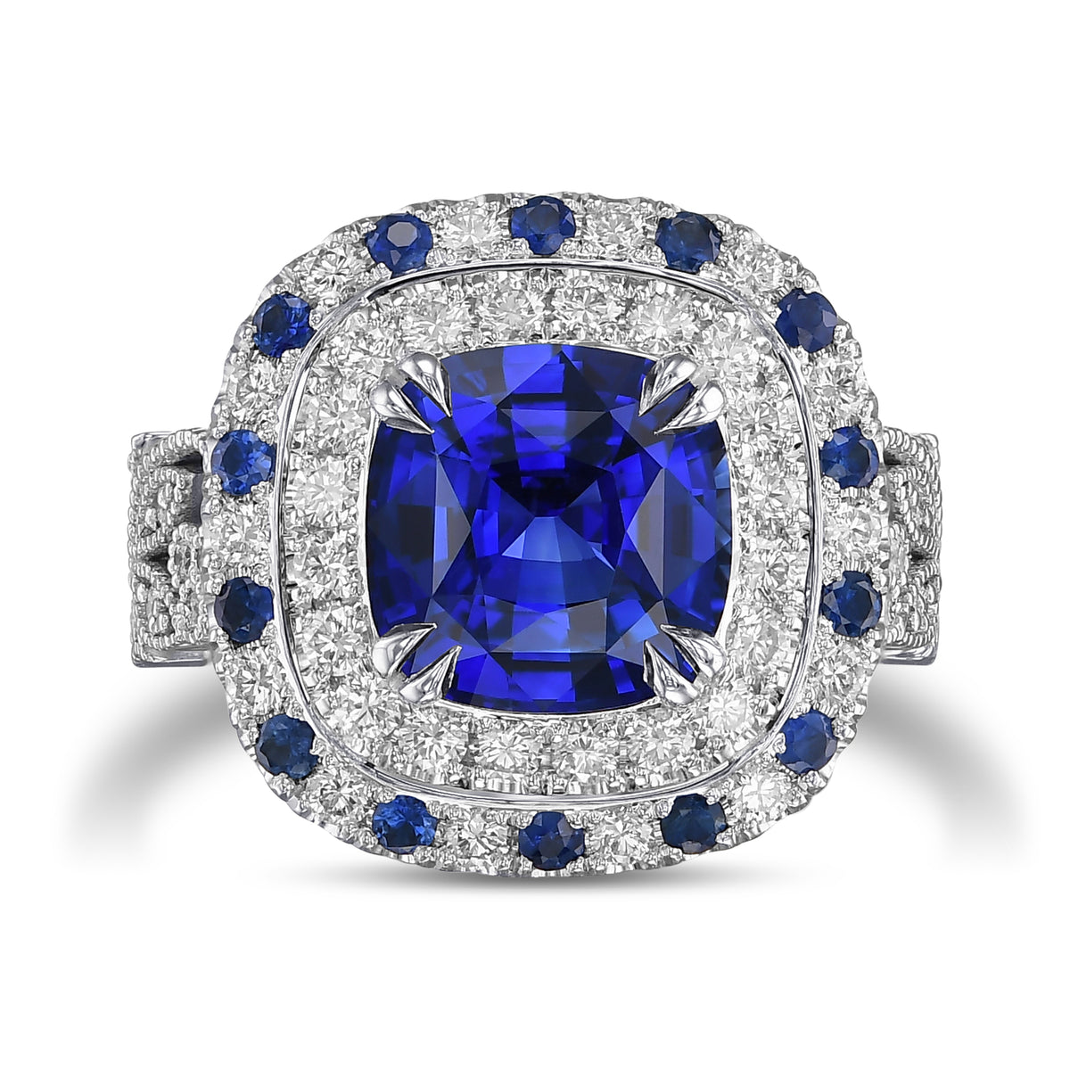Royal Blue Sapphire and Diamond Double Halo Ring