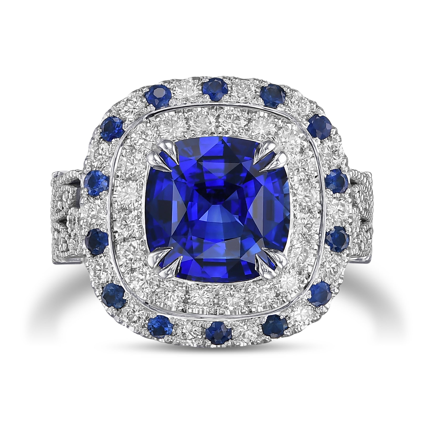 Royal Blue Sapphire and Diamond Double Halo Ring