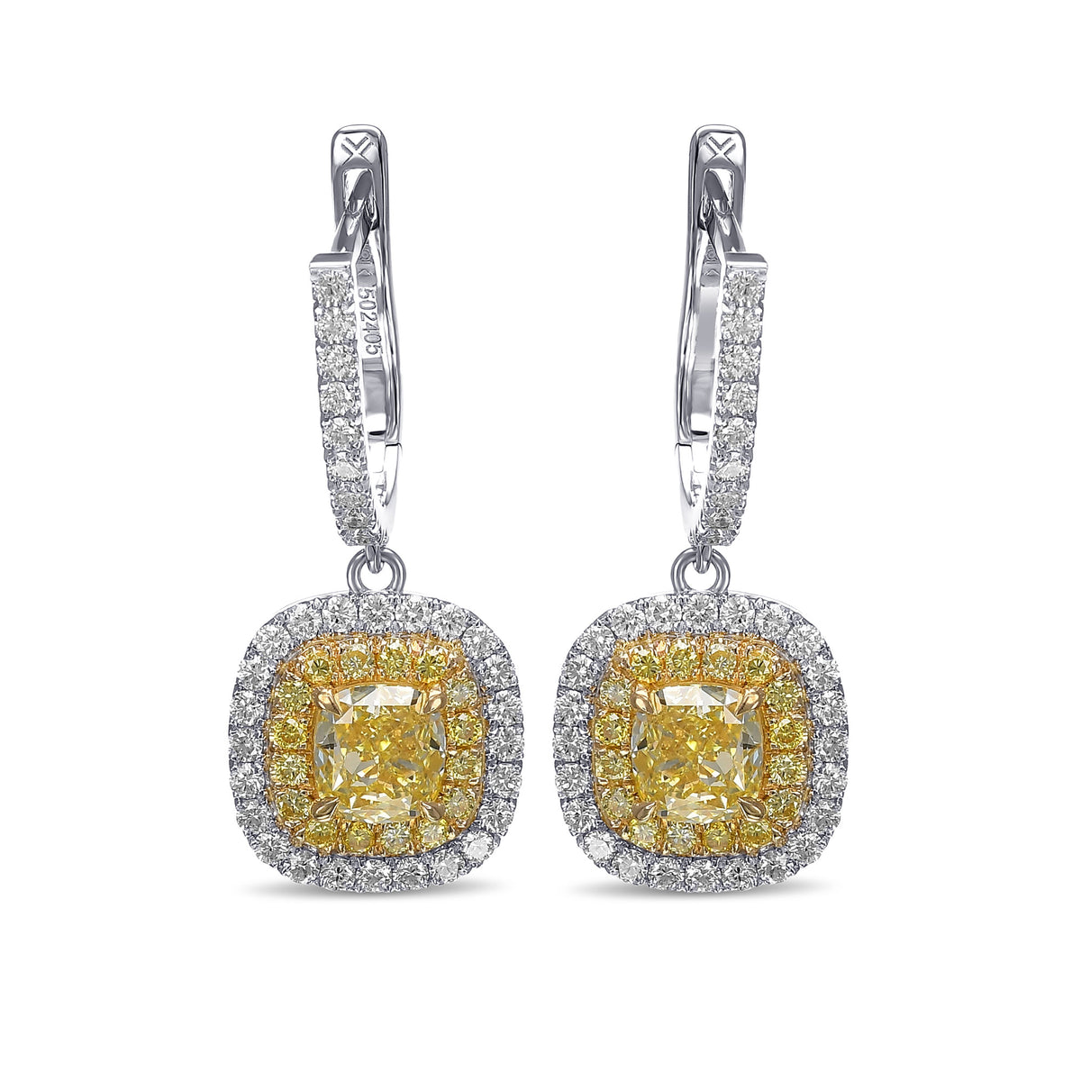 Fancy Yellow Cushion Diamond Double Halo Drop Earrings 