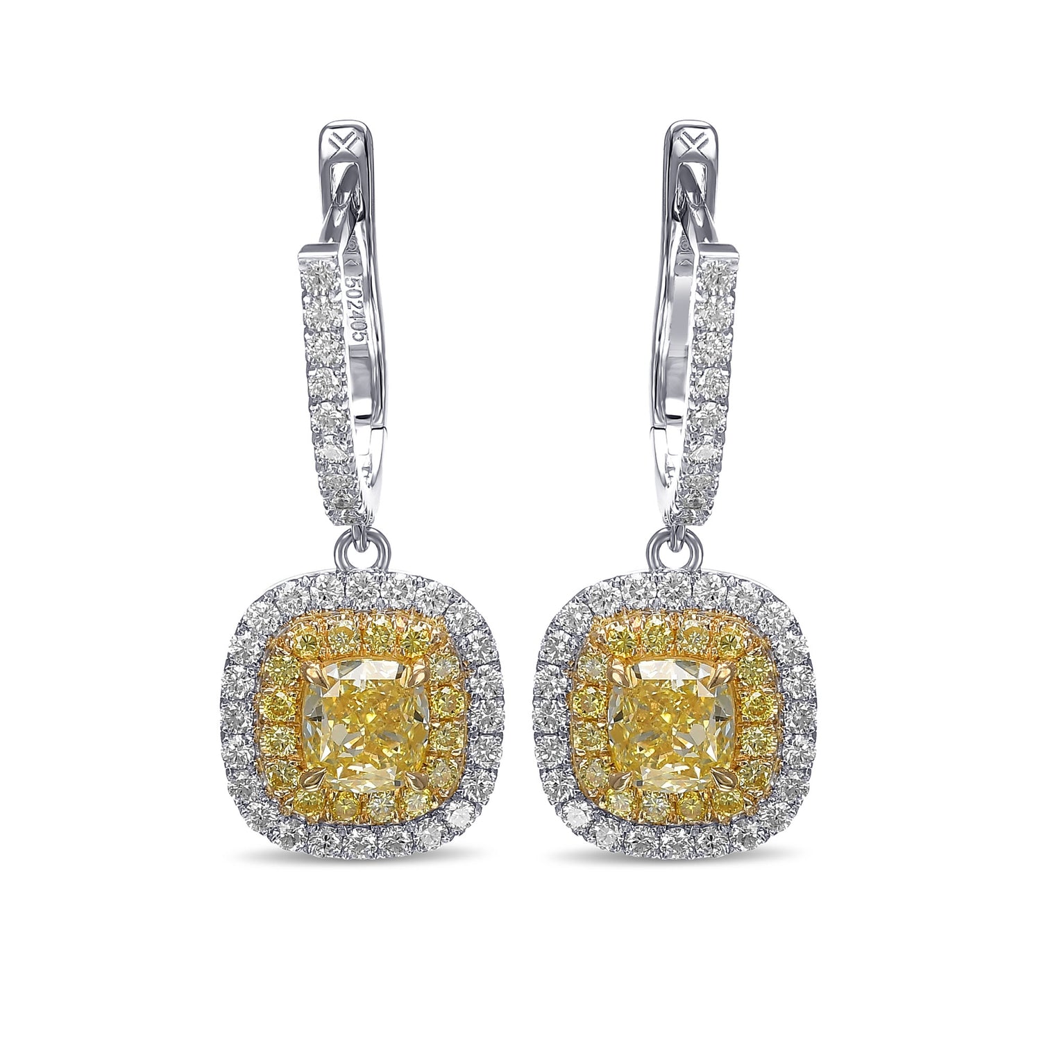 Fancy Yellow Cushion Diamond Double Halo Drop Earrings 
