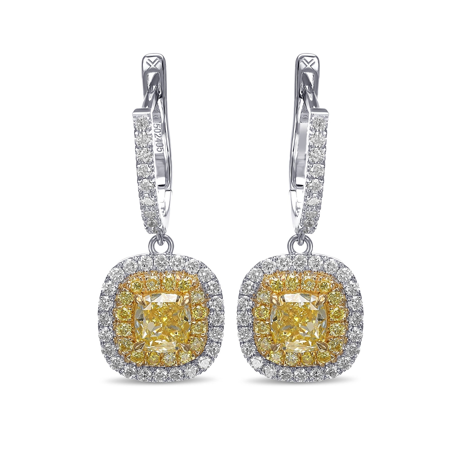 Fancy Yellow Cushion Diamond Double Halo Drop Earrings 